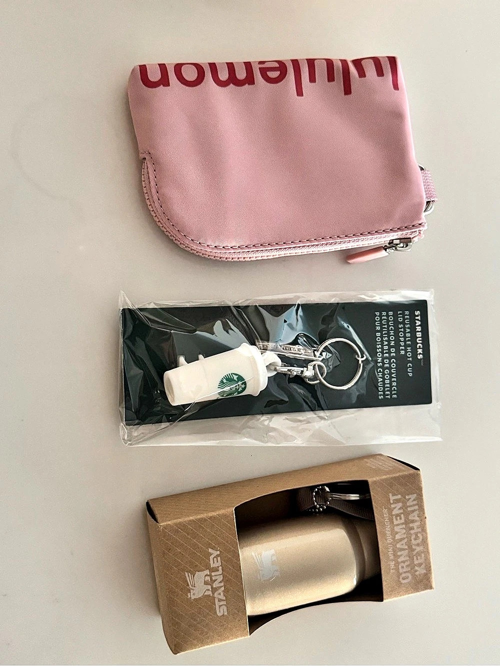 Lululemon Pink Pouch, Starbucks Keychain, Stanley Ornament Bundle